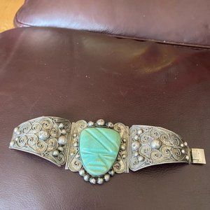 VINTAGE  MEXICAN MARKED 925  SILVER & CARVED  FACE  STONE  BRACELET